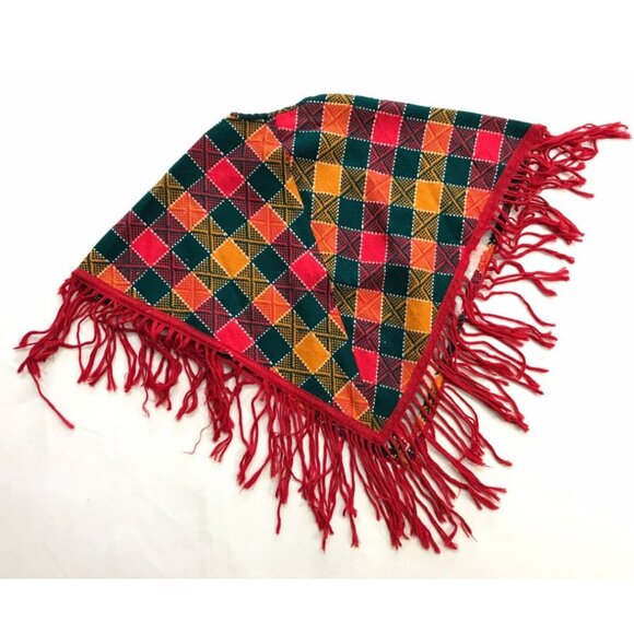 Vtg Poncho 60s 70s Red Green Orange Ladies Fringe Plaid Woven - Picture 1 of 5